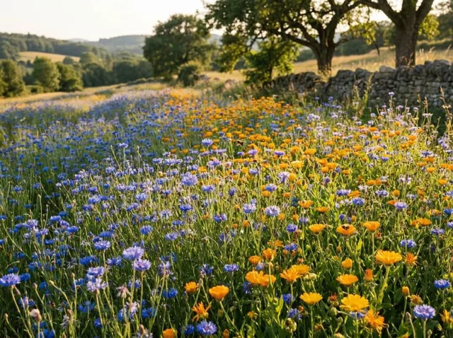 Prairie de bleuets et de soucis - trois mois de bleu et d'or au fond du jardin